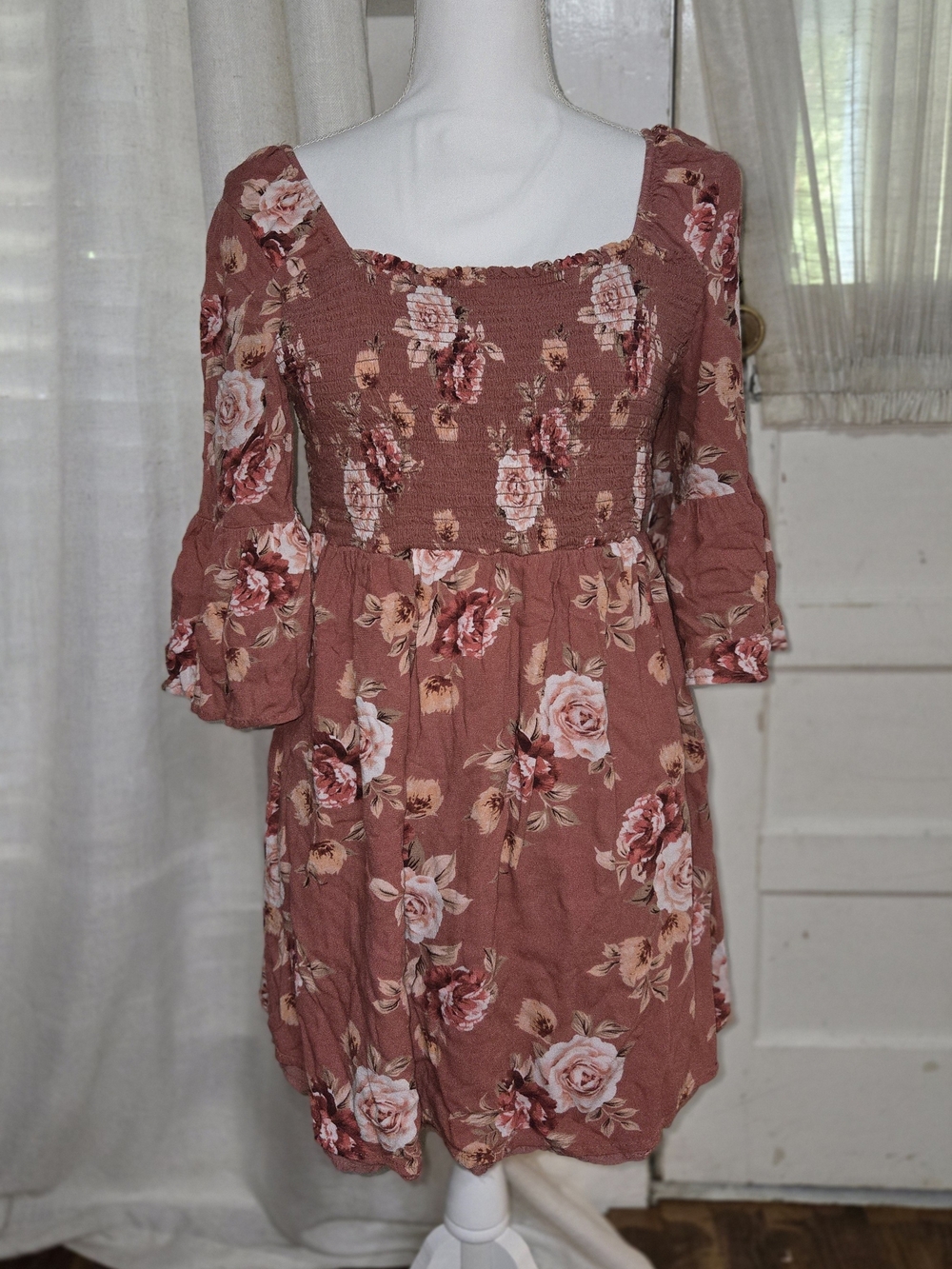 Floral Smocked Square-Neck Dress in Dusty Rose